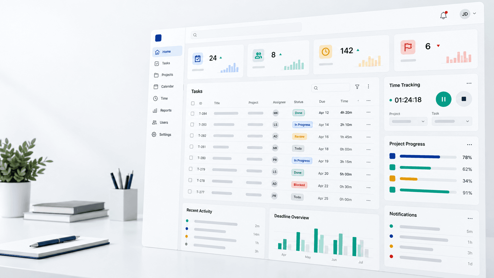 Strideframe workspace showing tasks, tracked time, project progress, and team activity